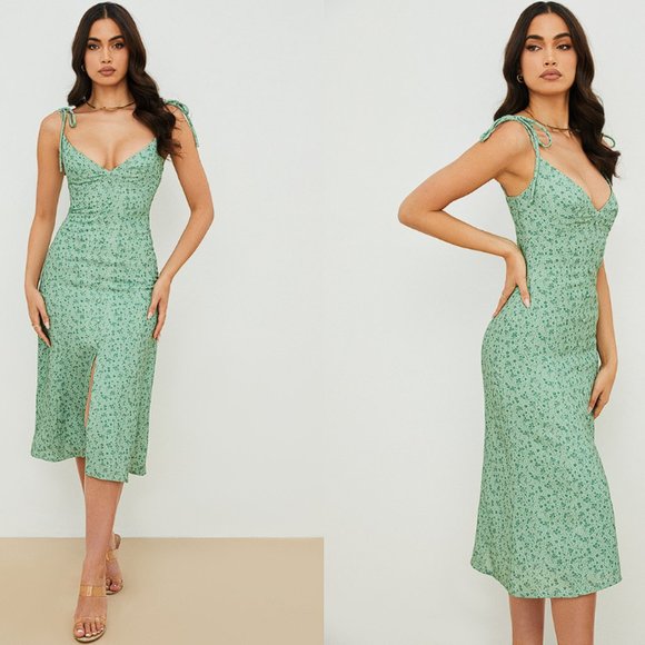 HOUSE OF CB 'Cornelia' Green Tonal Floral Midi Dress NWOT - Picture 4 of 11